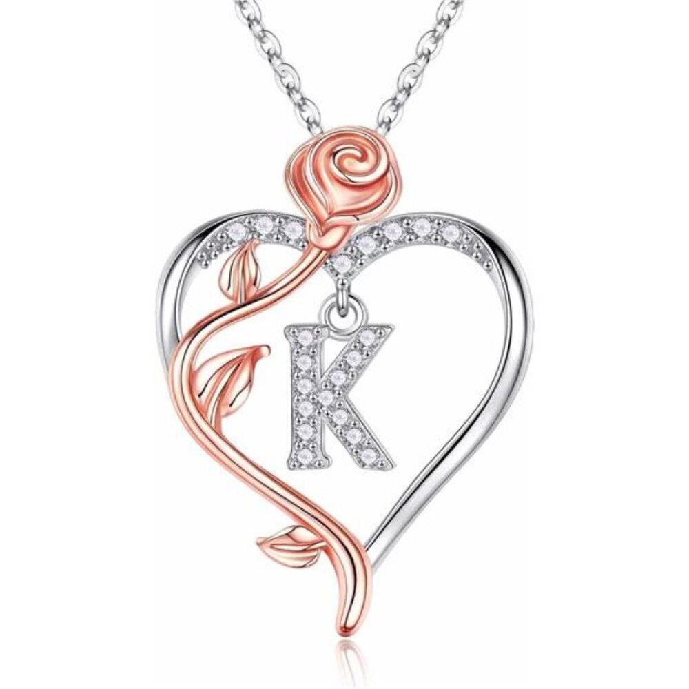 Sterling Silver Rose Heart Necklace Cubic Zirconia Initial Jewelry Gift Women
